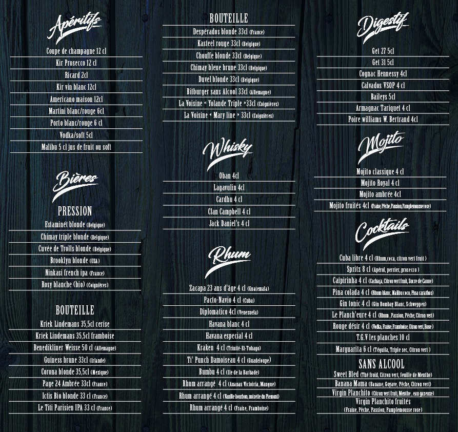 Carte des boissons et cocktails du restaurant Les planches